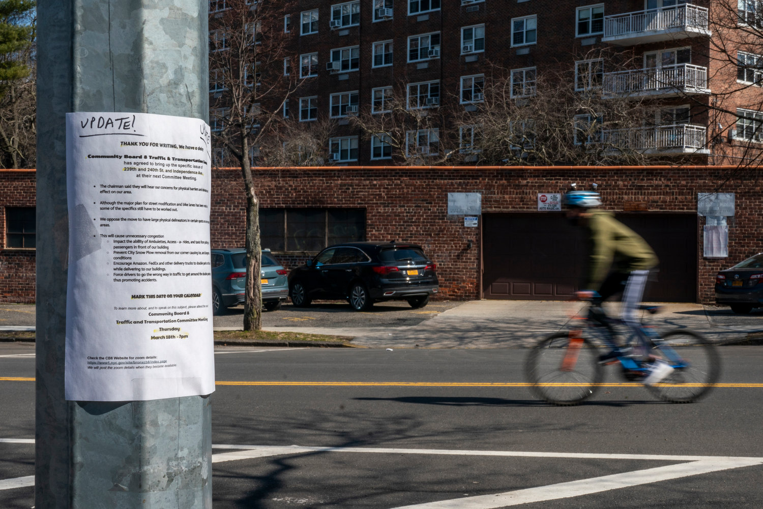 It looked as though Community Board 8’s traffic and transportation committee was finally getting somewhere developing recommendations to curb reckless driving along Independence Avenue. But random flyers anonymously posted in the neighborhood criticizing details of the process has forced the committee to start back almost at square one.