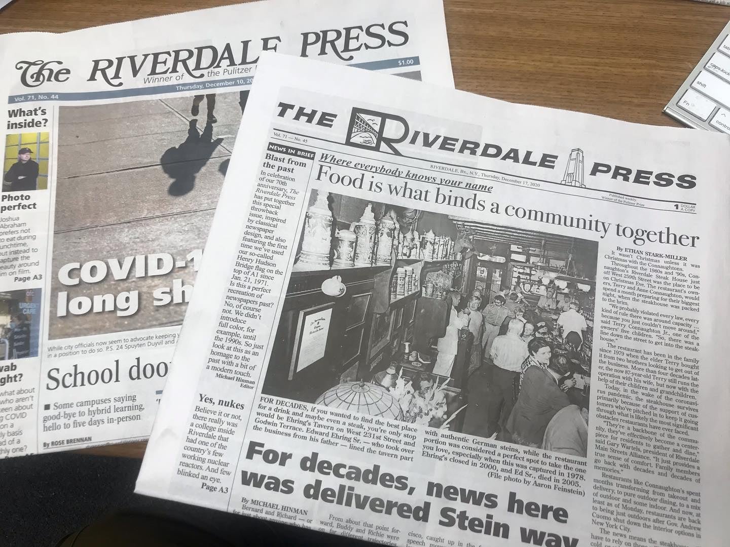 The Dec. 17, 2020 edition of The Riverdale Press was a 'throwback' issue celebrating the 70th anniversary of the paper. It was the first time since 1971 an edition of The Press was delivered to homes without its iconic flag designed by Richard L. Stein.
