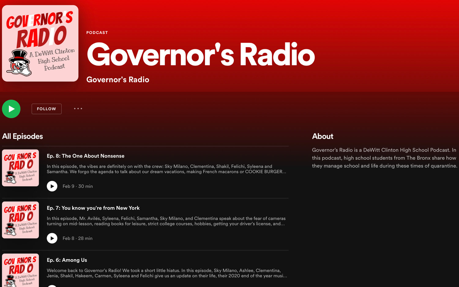Governor’s Radio — the product of DeWitt Clinton High School’s newest club — is available on major streaming platforms like Spotify and Apple Podcasts. Many of the student broadcasters say they are excited about the wide reach their work could have both now and in the future.