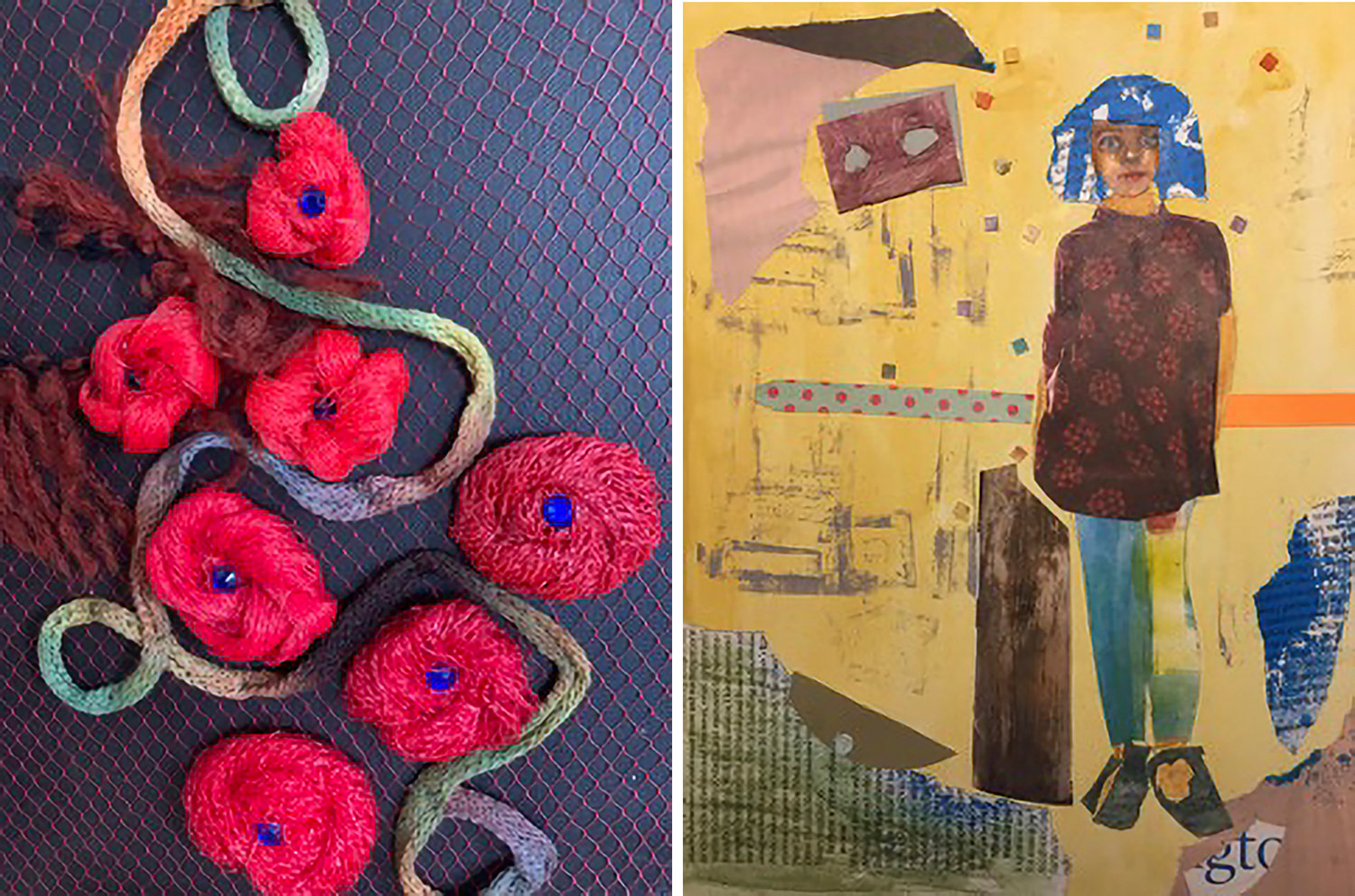 The flowers in ‘Serenity,’ left, are made of non-biodegradable plastic produce nets, created by Diana Catz with materials found around her home. ‘Woman in the Sun, right is a collage by Sharon Krinsky. Both pieces included in the latest virtual exhibition hosted by the Riverdale Art Association, ‘Renewal and Rebirth.’