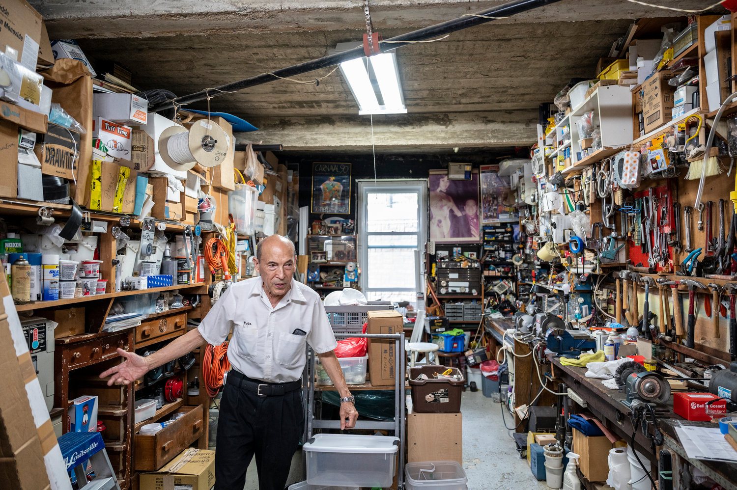Felix Lam has spent the past 50 years as superintendent of 2465 Palisade Ave., in Spuyten Duyvil. He has his own workshop in the basement where he keeps his tools.