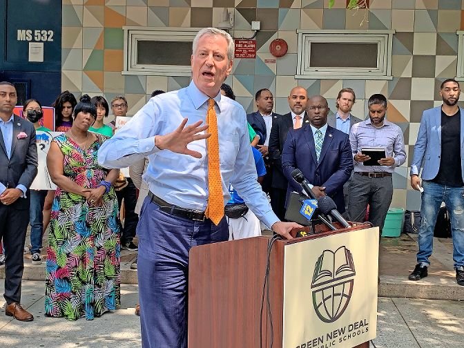 Mayor Bill de Blasio says he supports U.S. Rep. Jamaal Bowman's Green New Deal for Public Schools Act, saying it's what's needed to ensure no child is indeed left behind.