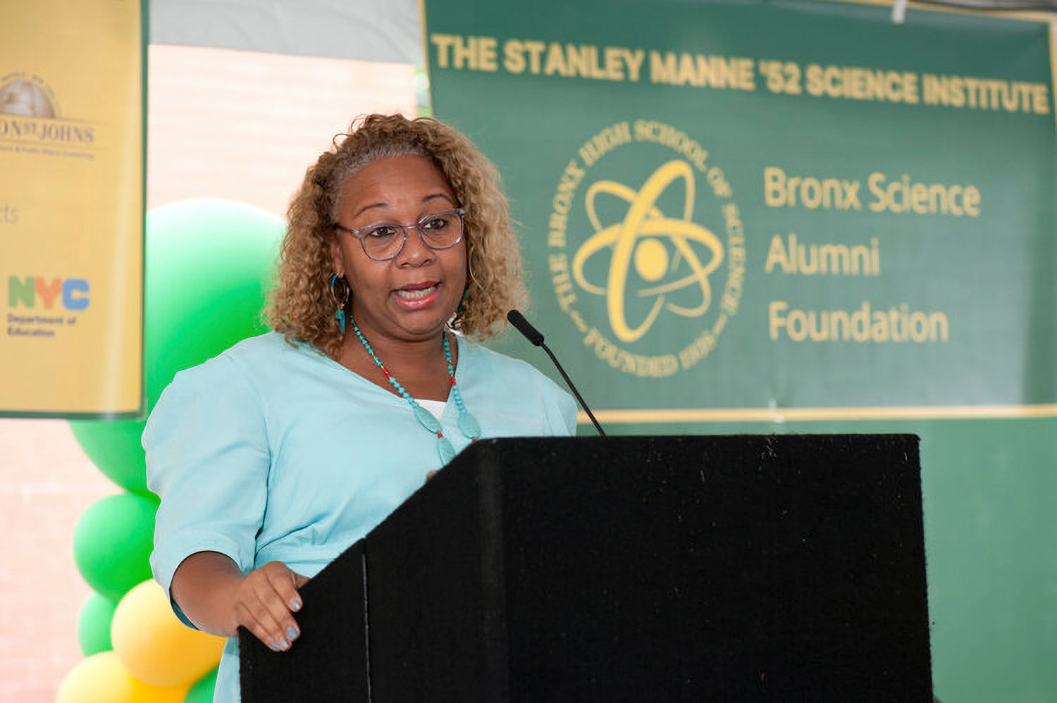 City school’s chancellor Meisha Porter speaks at the groundbreaking ceremony last month for a new research institute on the Bronx Science named after a 1952 graduate of the school, Stanley Manne.