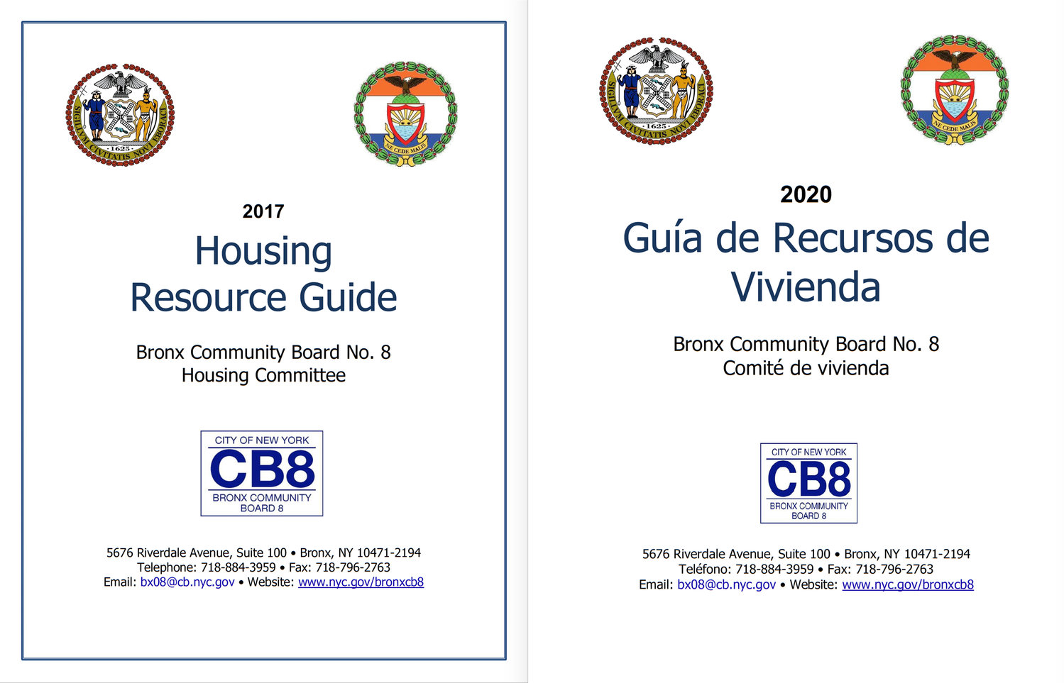 An illustration of both the English and Spanish housing resource guides created by Community Board 8. Three years after releasing the English version, the board released an edition in Spanish for those in the community who only speak or read that language.