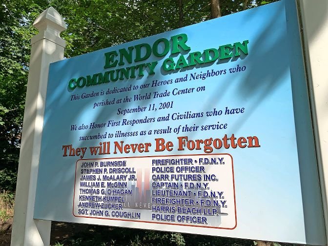 The Endor Garden commemorative sign honors victims of the Sept. 11, 2001, terror attacks, and was created by students and officials from neighboring Riverdale Country School. It replaces an original sign posted soon after the Sept. 11 attacks, that was vandalized and removed in 2017.