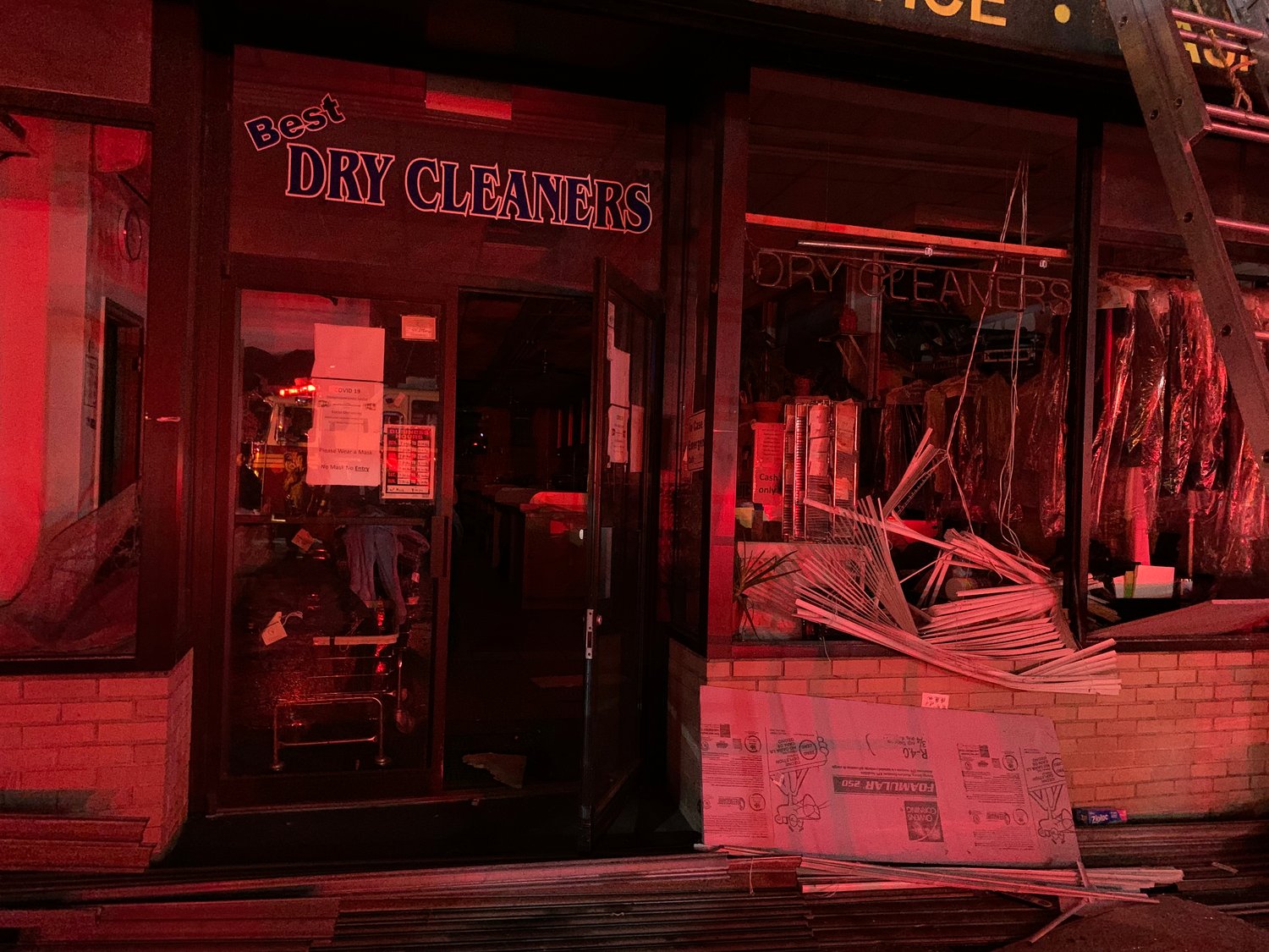 Best Laundromat at 3642 Bailey Ave., appeared to suffer some significant ceiling and front display window damage during a four-alarm fire late Monday night. Most of the existing clothes being stored there, however, appeared to have remained intact.