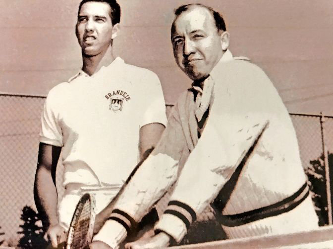 Martin Zelnik, left, blossomed into a competitive college tennis player at Bradeis University with the help of coach Bud Collins, seen here in 1961. Collins would go on to become a tennis commentator for CBS, NBC and ESPN. Zelnik, who returned to Riverdale to grow his architectural firm, will now have an award given to two Brandeis walk-on athletes each year in his name.