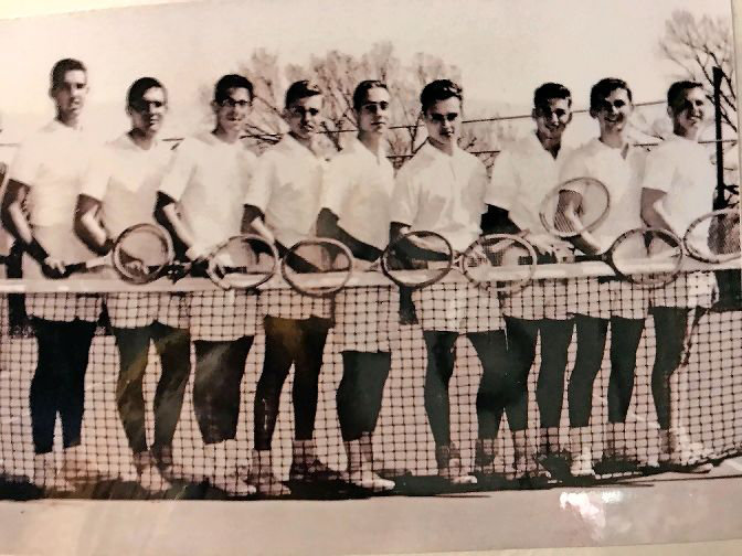 Martin Zelnik, far left, was the captain of his men’s tennis team at Brandeis University in Massachusetts, which went undefeated in 1959. It was led by future tennis broadcaster Bud Collins. One of his early teammates was Abbie Hoffman, one of the infamous ‘Chicago Seven’ who were charged and tried on riot conspiracy charges over anti-war protests during the 1968 Democratic National Convention.