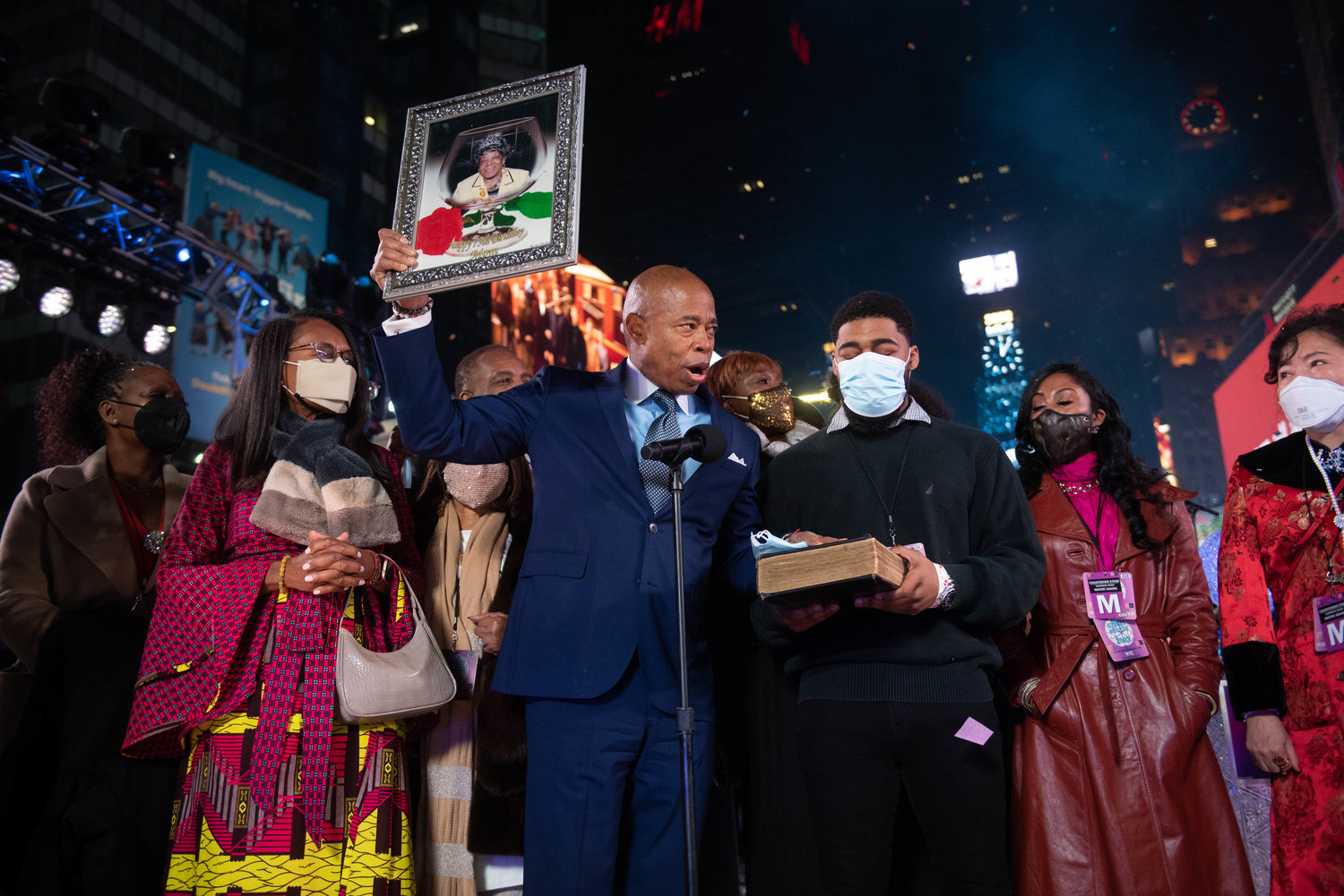 Mayor Eric Adams takes the oath of office in Times Square just moments after New York City welcomed in 2022. Adams is the city's 110th mayor, and second Black mayor.