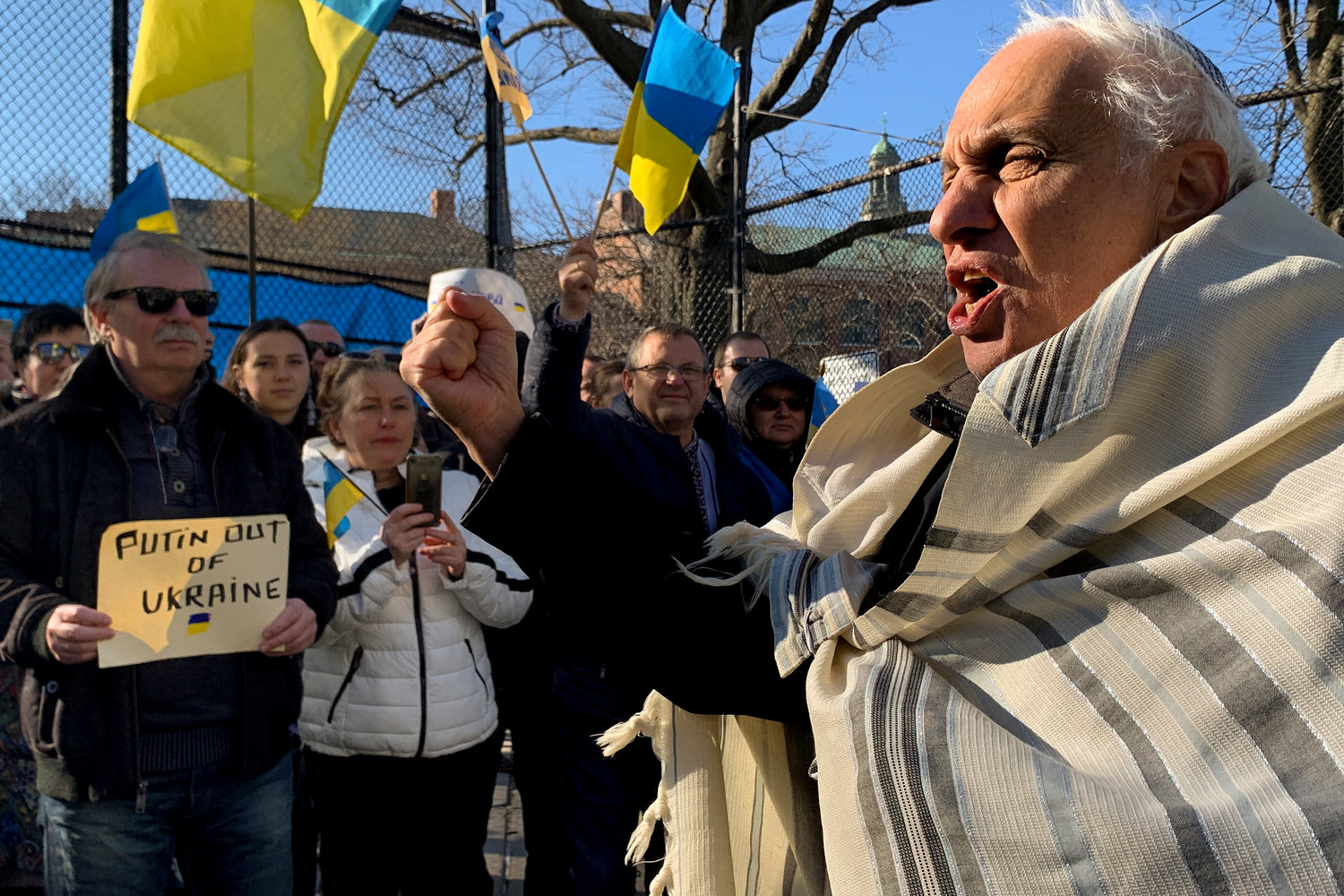 Rabbi Avi Weiss of the Hebrew Institute of Riverdale rallies with a large contingent of Ukrainian nationals who gathered outside the Russian Mission compound in North Riverdale on Sunday, declaring everyone was Ukrainian, and must stand by the side of their adopted brethren. The demonstrations have ramped up in recent days after Russia began the invasion of its Eastern European neighbor.