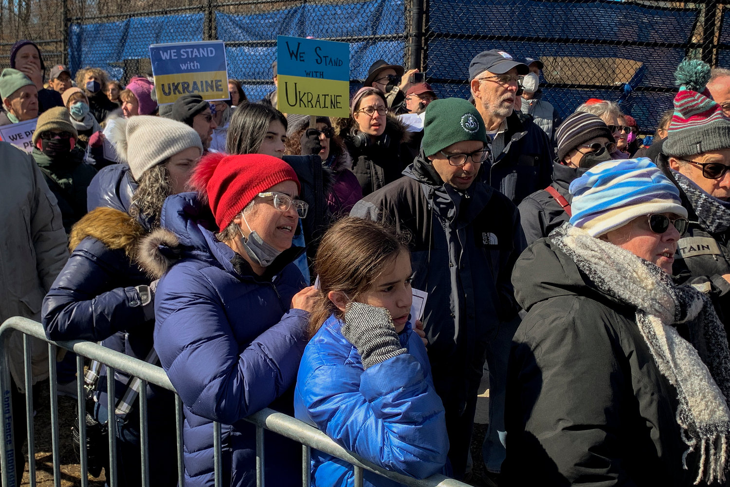 Crowds of Ukrainian nationals and supporters rallied in front of the Russian Mission compound in North Riverdale on Sunday, blowing car horns, singing patriotic songs, and even emptying bottles of Russian vodka onto the ground. The demonstrations have ramped up in recent days after Russia began the invasion of its Eastern European neighbor.
