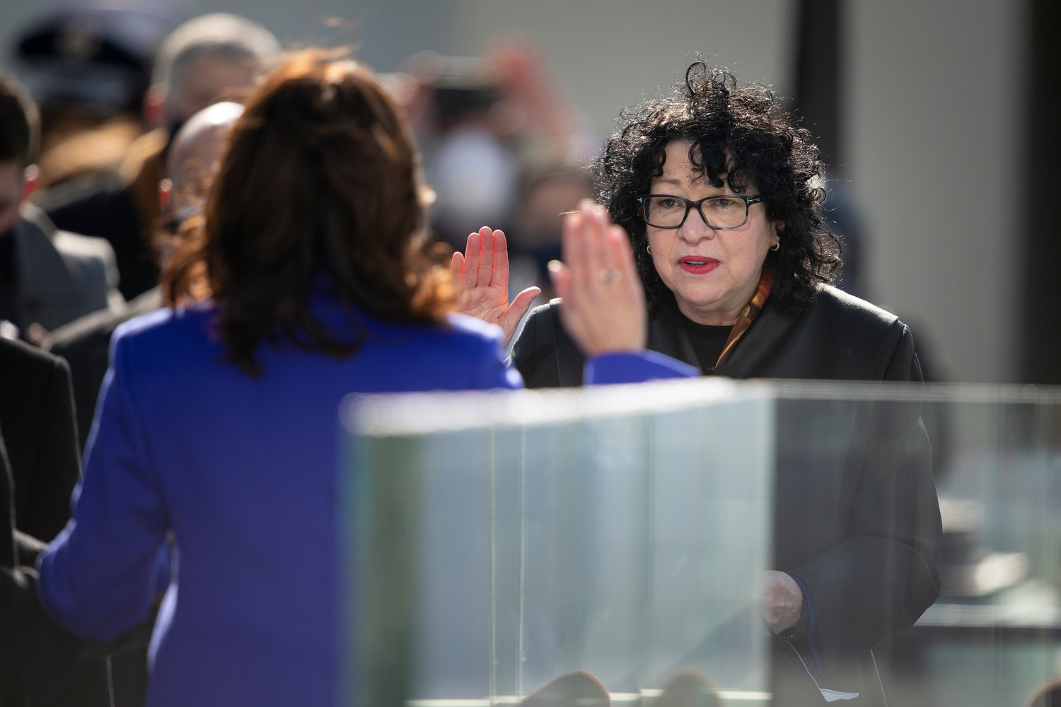 Supreme Court Justice Sonia Sotomayor swears in Vice President Kamala Harris into office during the 59th Presidential Inauguration ceremony in Washington, Jan. 20, 2021. President Joe Biden and Vice President Kamala Harris took the oath of office on the West Front of the U.S. Capitol.
