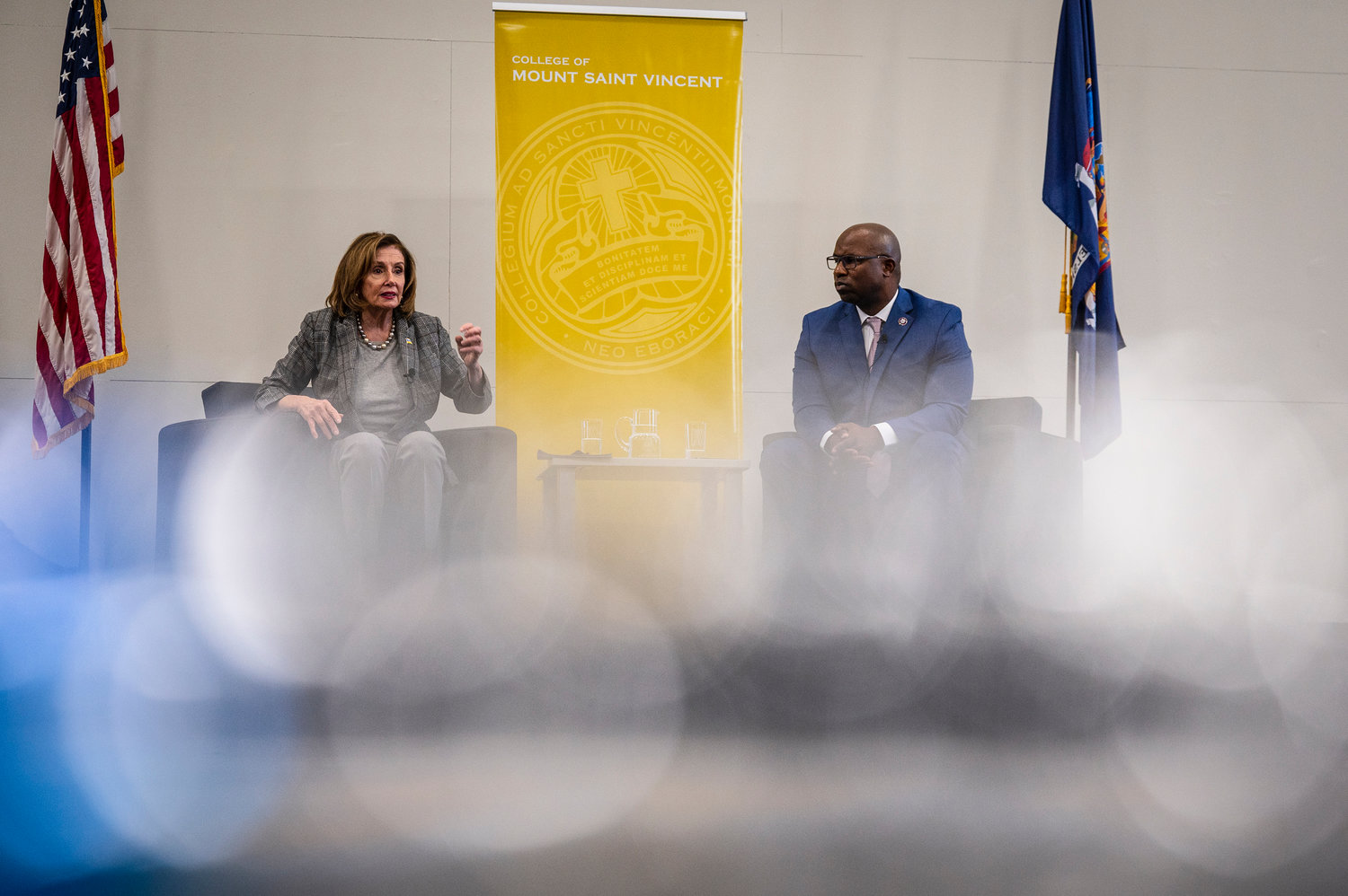 U.S. Rep. Jamaal Bowman and House Speaker Nancy Pelosi got together for a town hall meeting this past Monday at the College of Mount Saint Vincent. Donning a Ukrainian-flag lapel pin, Pelosi.