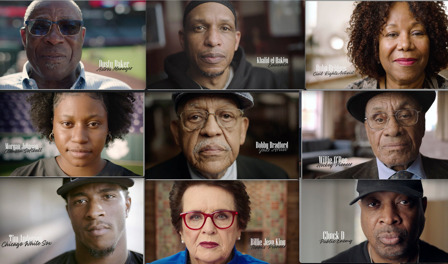 Nine of the dozen interviewees who took part in the ESPN mini-video series ‘Jackie to Me’ include Dusty Baker, Khalid el-Hakim, Ruby Bridges, Morgan Johnson, Bobby Bradford, Willie O’Ree, Tim Anderson, Billie Jean King, and Chuck D.