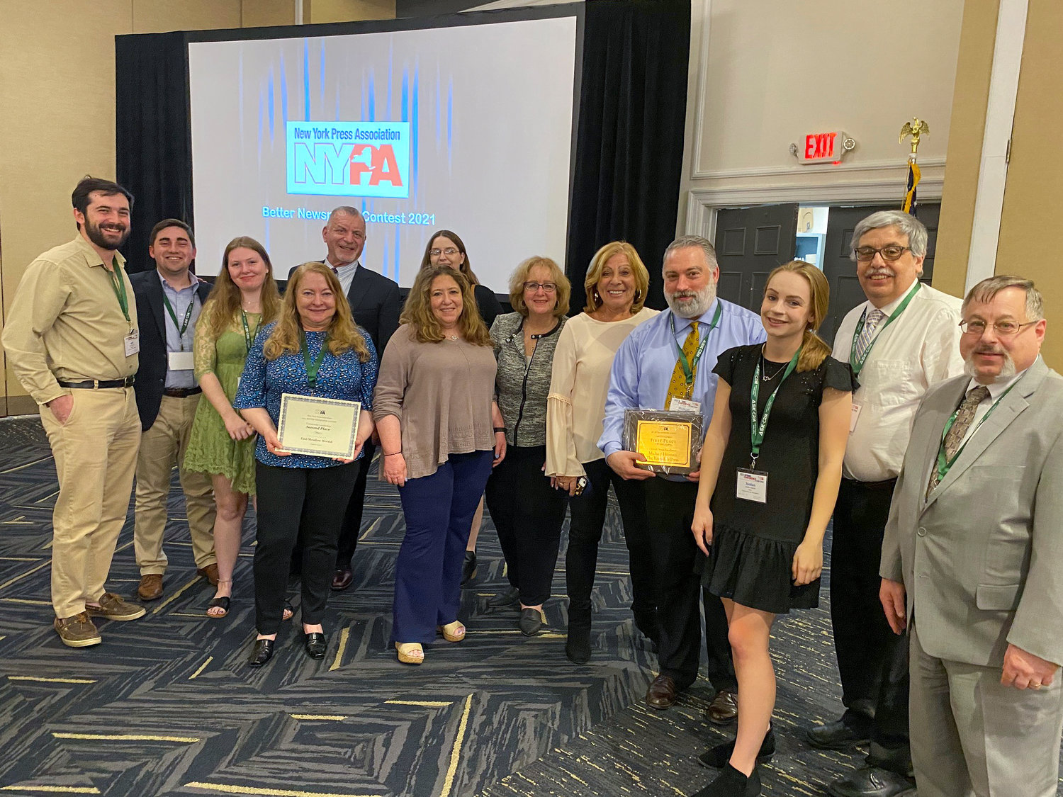 Herald Community Newspapers was well-represented at the New York Press Association’s spring conference in Saratoga Springs last weekend, where the group won a total of 28 state awards. From left, reporters Will Sheeline and Tom Carrozza; senior reporter Mallory Wilson; publisher emeritus Cliff Richner; senior editor Laura Lane; senior reporter Karina Kovac; sales/marketing associate Jessica Kleiman; digital sales manager Lori Berger; sales vice president Rhonda Glickman; executive editor Michael Hinman; senior reporter Jordan Vallone; Riverdale Press editor Gary Larkin; and deputy editor Jeffrey Bessen.