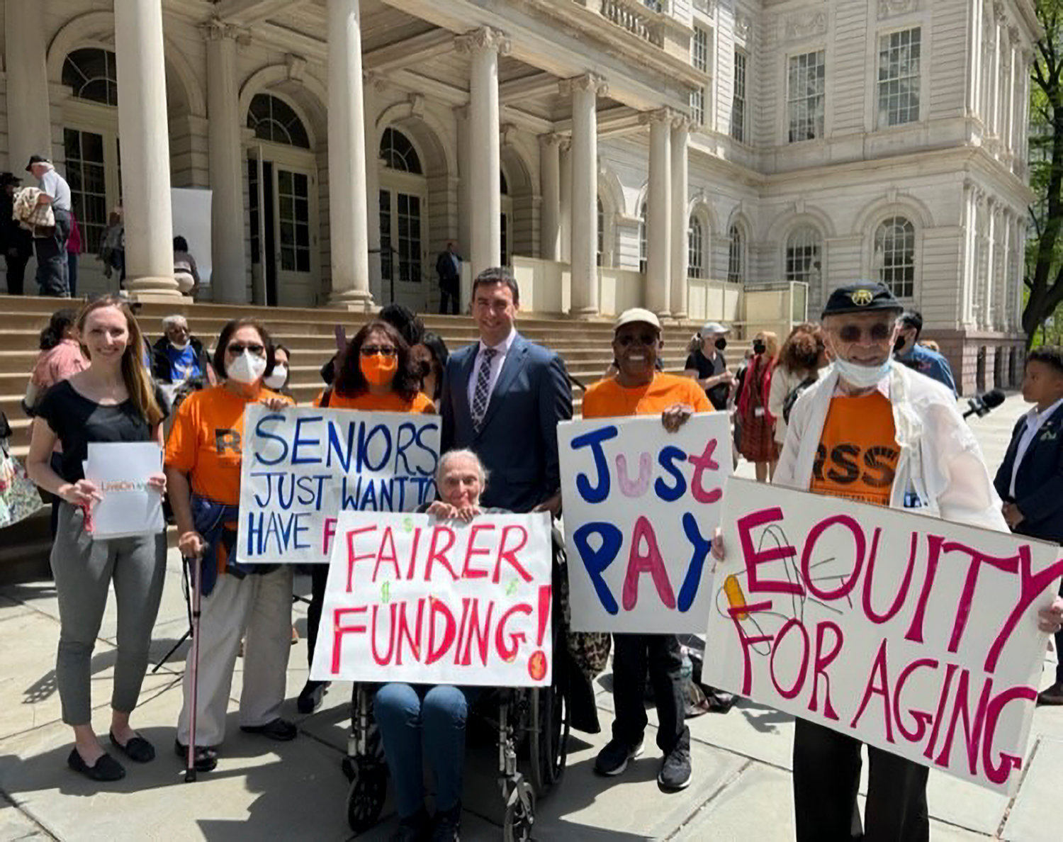 RSS-Riverdale Senior Services residents showed up at the steps of City Hall in Manhattan recently to protest for more funding for the city's aging department.