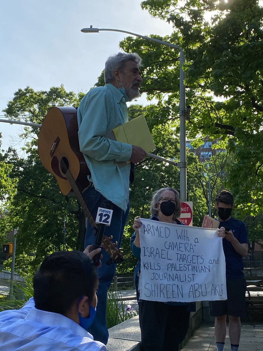Steve Siegelbaum, an outspoken member of North Bronx Racial Justice and Jewish Voice for Peace, leads a protest at Bell Tower Park. One of the issues he and others cited was the pro-Palestinian boycott, divestment and sanctions movement that has been accepted on the CUNY School of Law campus.