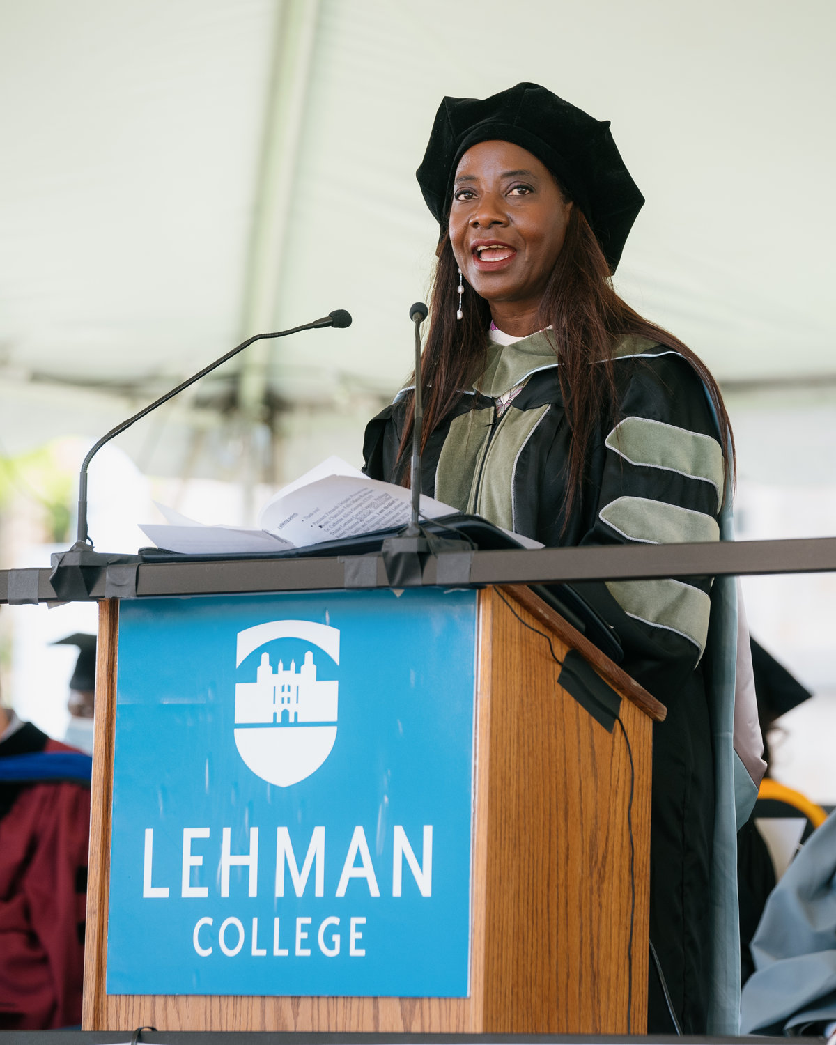 Sandra Lindsay, one of the speakers at Lehman College's 2022 commencement ceremonies May 26, told her story about being the first person to receive the COVID-19 vaccination in December 2020.