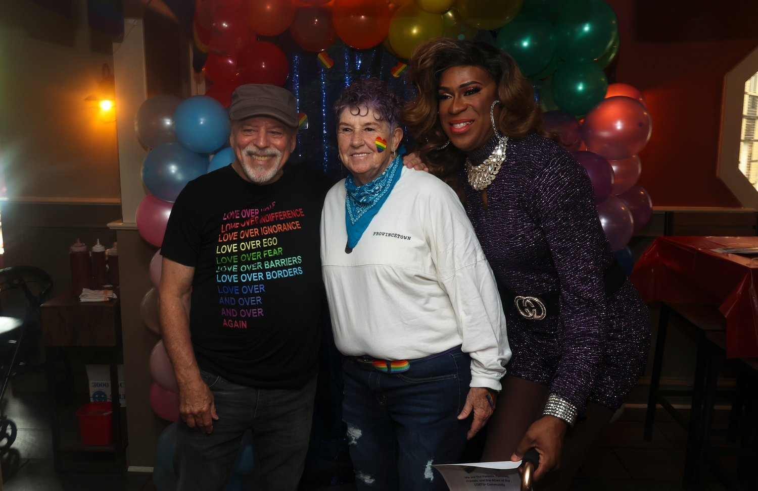 Jerry Goodman, Marcy Owens and Kelly Kaboom celebrate pride month at the Bronx Burger House in the Bronx, New York June 12.