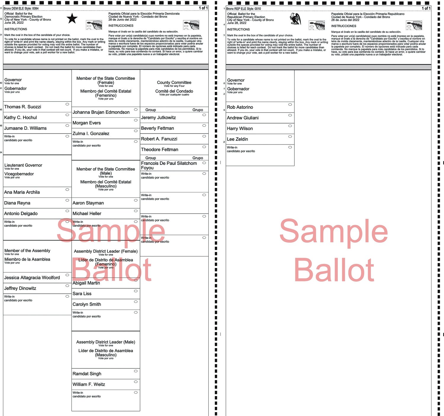 A sample ballot for the June 28, 2022 Democratic Primary, left. A sample ballot for the 2022 Republican Primary, right.