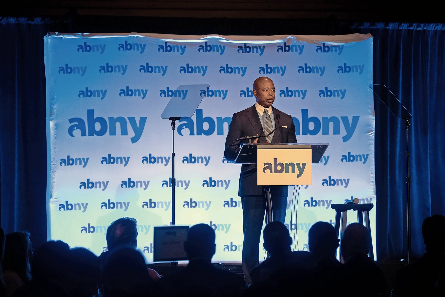 New York City Mayor Eric Adams delivers remarks the at the Association for a Better New York's (ABNY) power breakfast at Cipriani Wall Street, June 1. Last week he announced a crackdown on illegal license plates.
