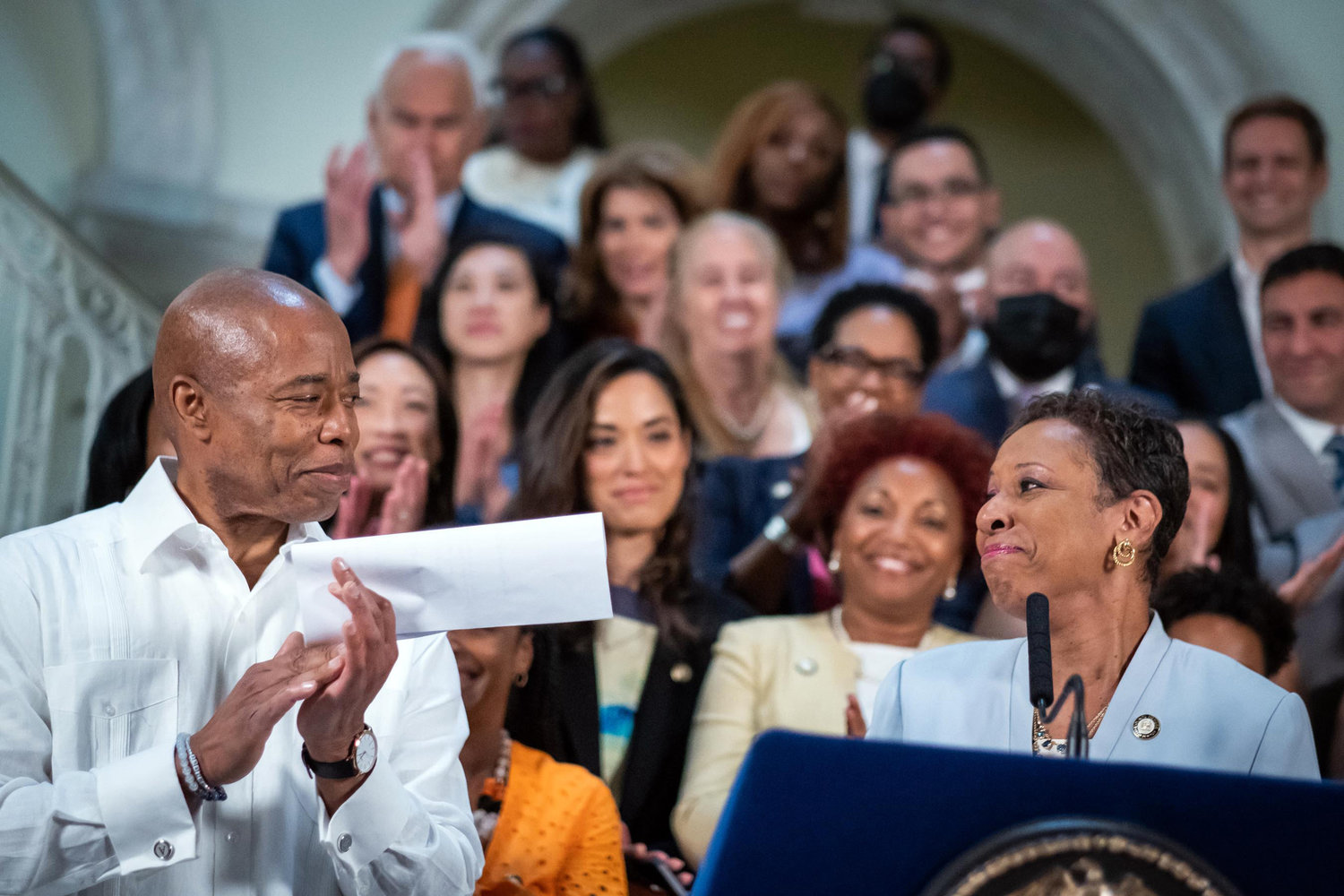 Everyone was all smiles when Mayor Eric Adams, New York City Council Speaker Adrienne Adams, New York City Council Finance Chair Justin Brannan, and members of the City Council announce an agreement for an early and balanced city budget for fiscal year 2023 on June 10.