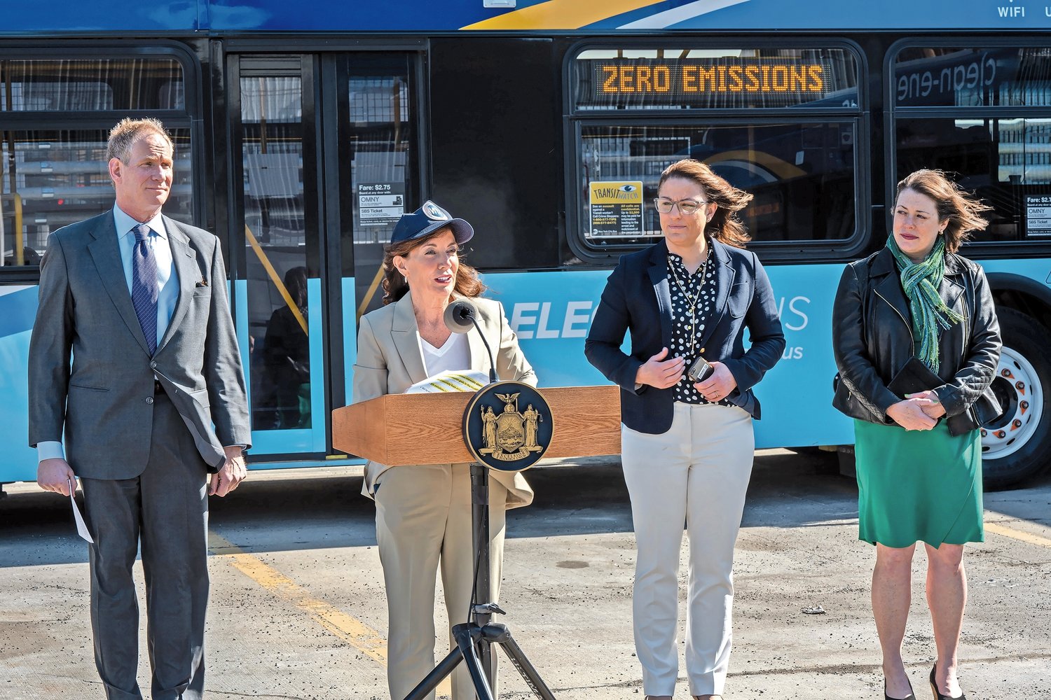 On Earth Day, Gov. Kathy Hochul announces a new fleet of all-electric MTA buses, some of which will launch from the Kingsbridge bus depot.