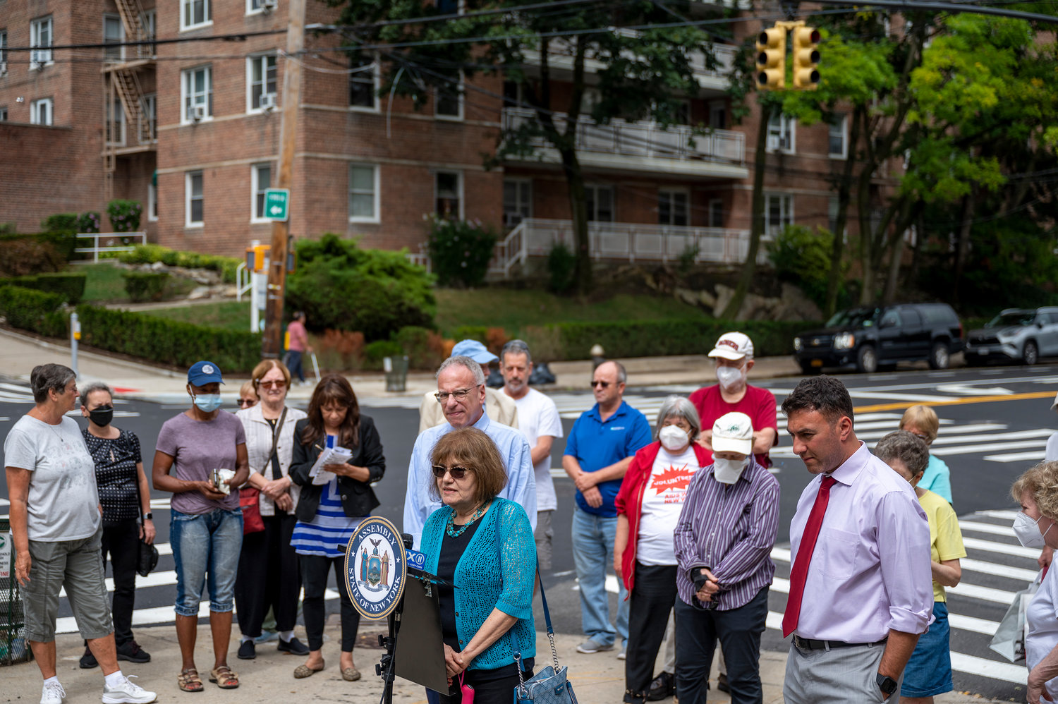 Assemblyman Jeffrey Dinowitz, Councilman Eric Dinowitz, and community board 8 chair Laura Spalter respond to the completion of the Riverdale Avenue lane narrowing project completed by The Department of Transportation just before school began.