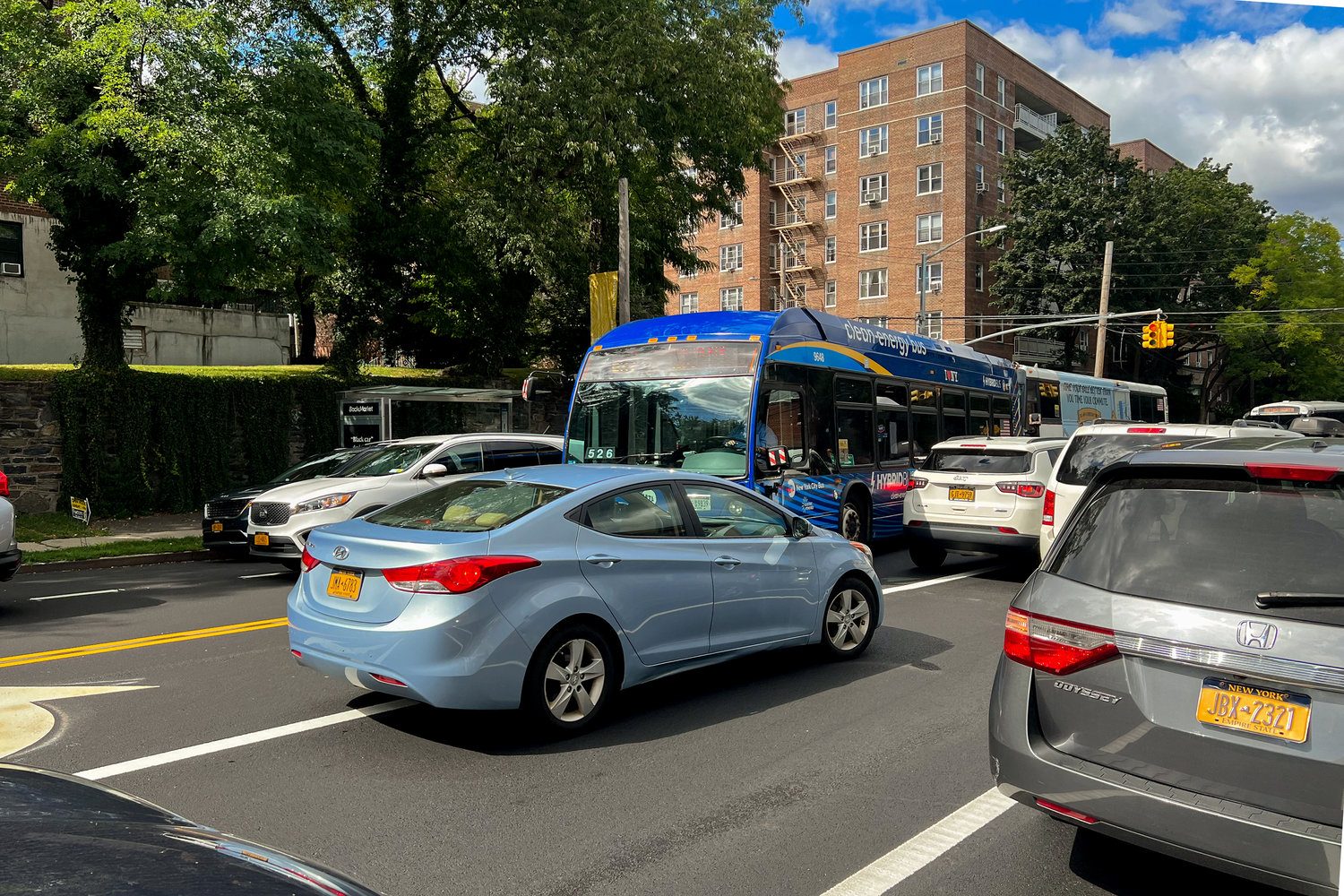 As the first day of school began, Assemblyman Jeffry Dinowitz's fear of congestion became a reality as cars double park north and southbound on Riverdale Avenue. Meanwhile, buses try to weave their way through the thoroughfare.