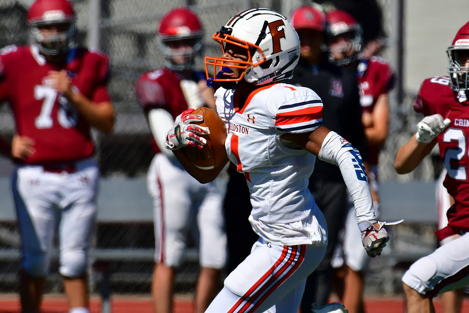 Fieldston’s Jaden Mena racking up some of his 136 all-purpose yards against Morristown-Beard Saturday in a 23-18 loss. He finished with a touchdown.