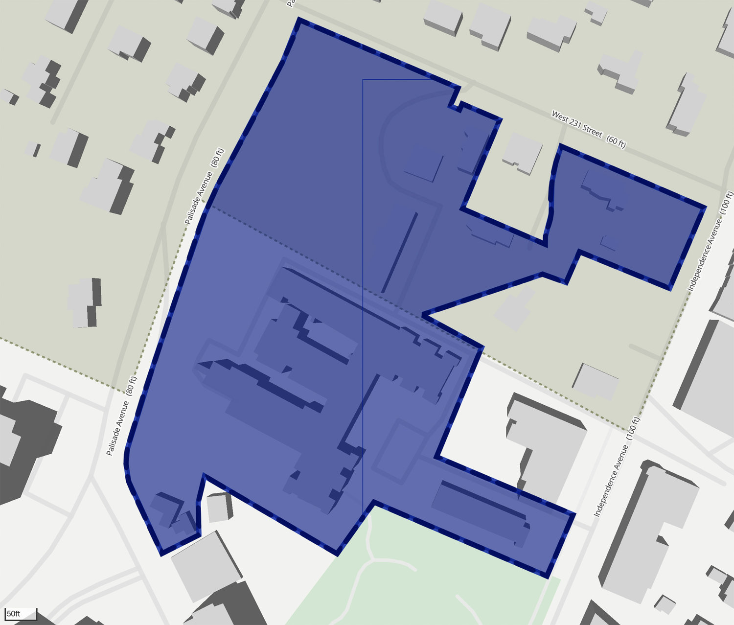 Bon Secours sold the 8.4-acre Schervier property, outlined in blue, five years ago to a group of investors based in Brooklyn. The lot straddles the edge of Riverdale’s Special Natural Areas District, shaded in taupe. The staff parking lot on the corner of Independence Ave. and W 231st St falls within SNAD.