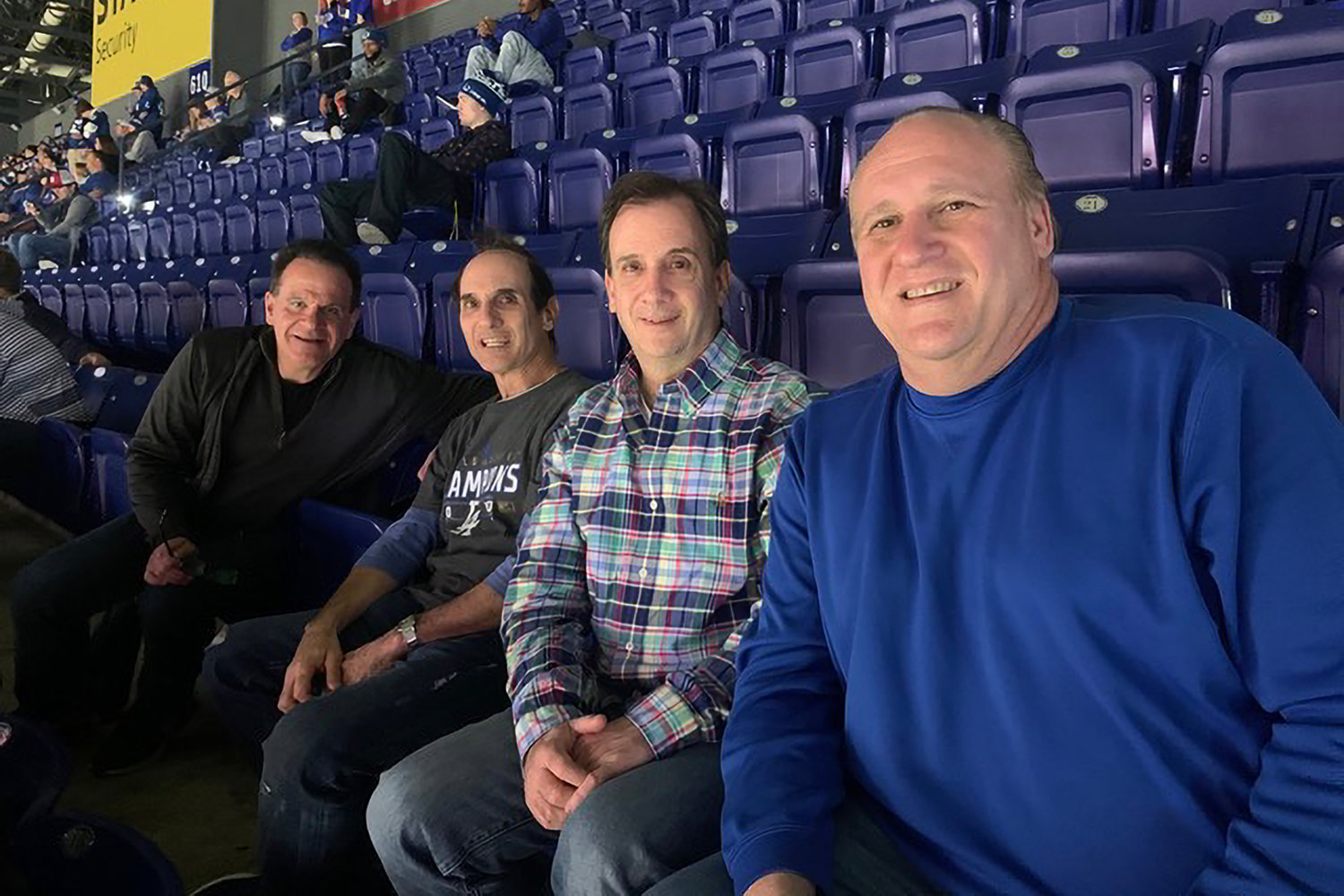 The four buddies, three of who hale from Riverdale, recently spent one of their annual trips in Indiana at Hinkle Field House, which houses the Butler University basketball teams. From left, Mitch Gill, Alan Hoffman, Rick Hoffman and Lee Gallo.