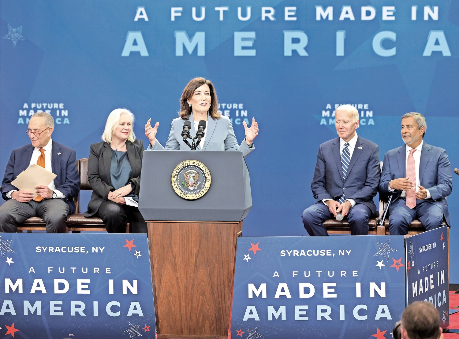 Gov. Kathy Hochul joins President Joe Biden to highlight Micron to announce a chips plant. The incumbent Democrat defeated the Reoublican challenger Lee Zeldin from Long Island.