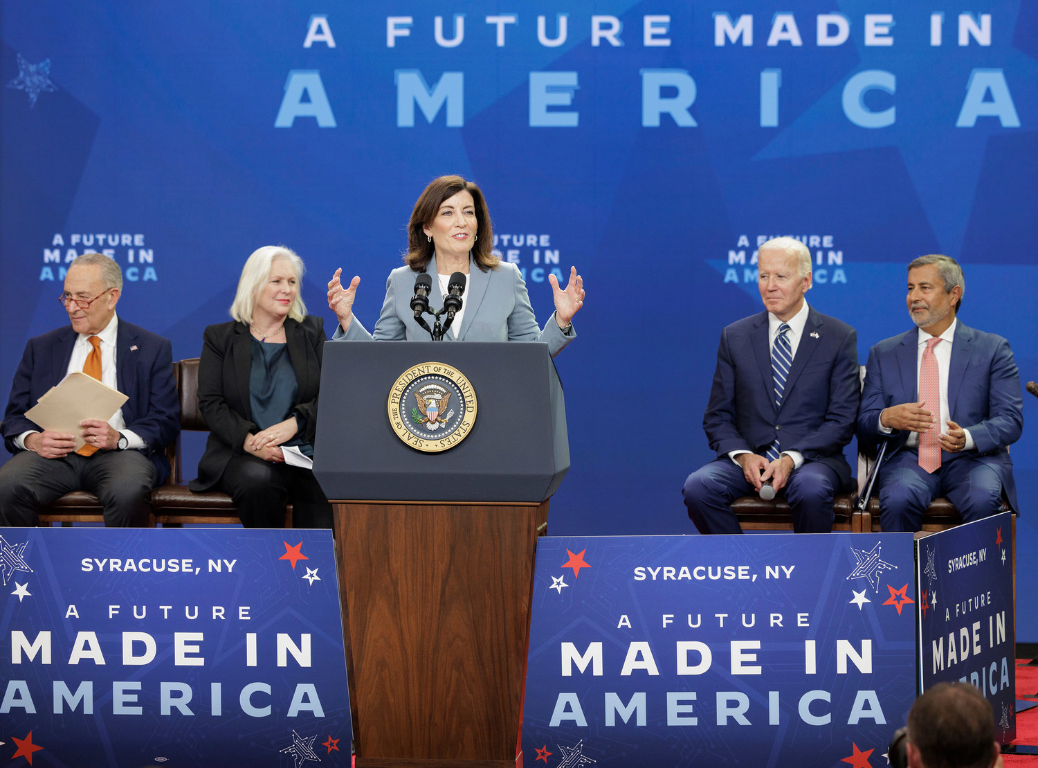 Gov. Kathy Hochul joins President Joe Biden last month to highlight Micron’s plan to invest in chips manufacturing in upstate New York. Biden then stumped for Hochul in the days leading up to the election.