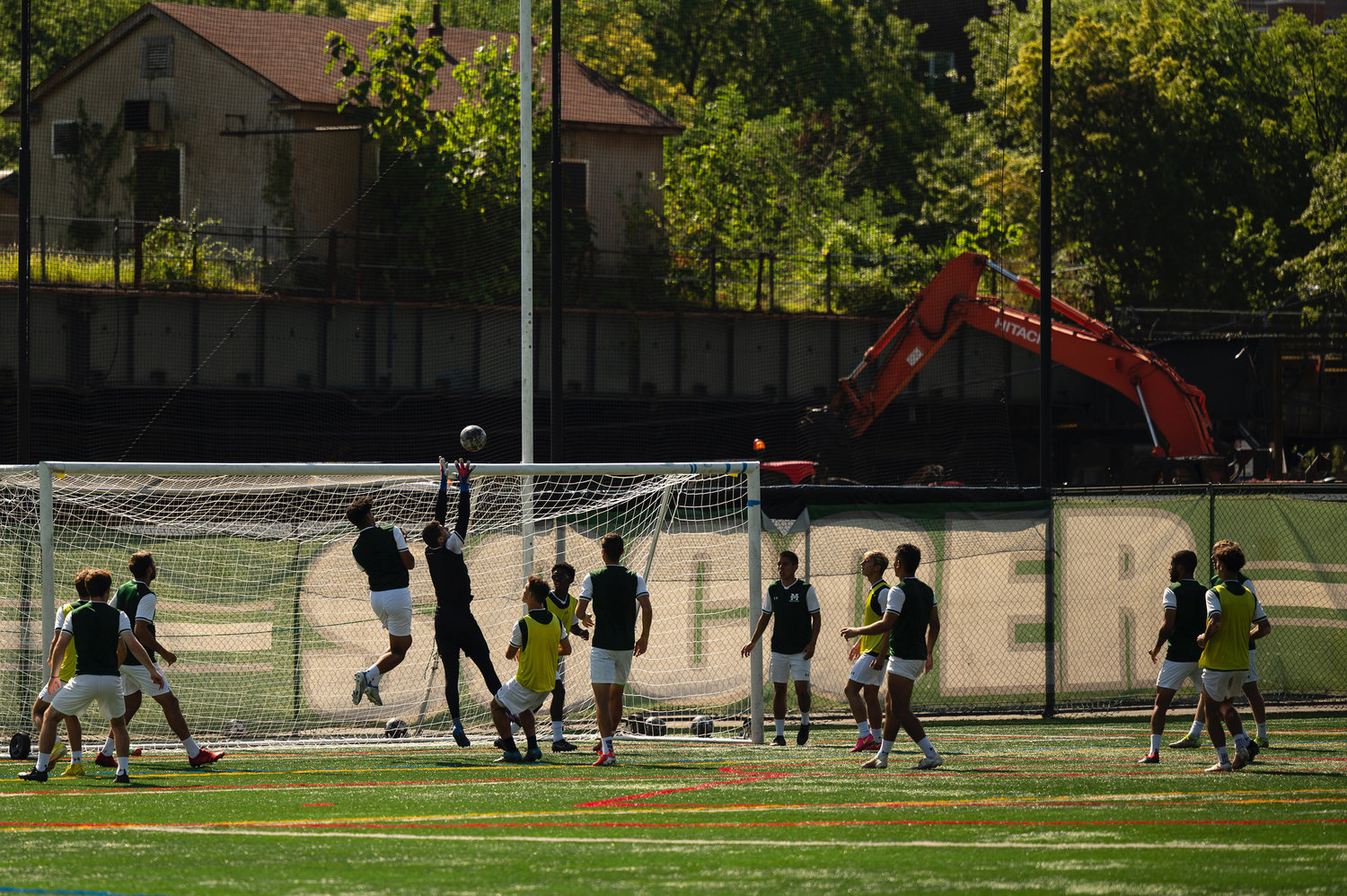 The Manhattan College men’s soccer team gets in a practice prior to its playoff opener against Fairfield University at Gaelic Park. The Jaspers won, 2-0.