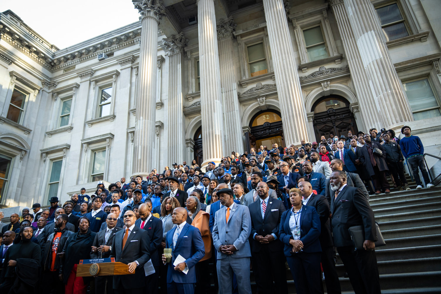 Mayor Eric Adams and New York City Department of Education Chancellor David Banks announce Project Pivot on the Tweed Courthouse steps in Manhattan on Oct. 6, 2022.