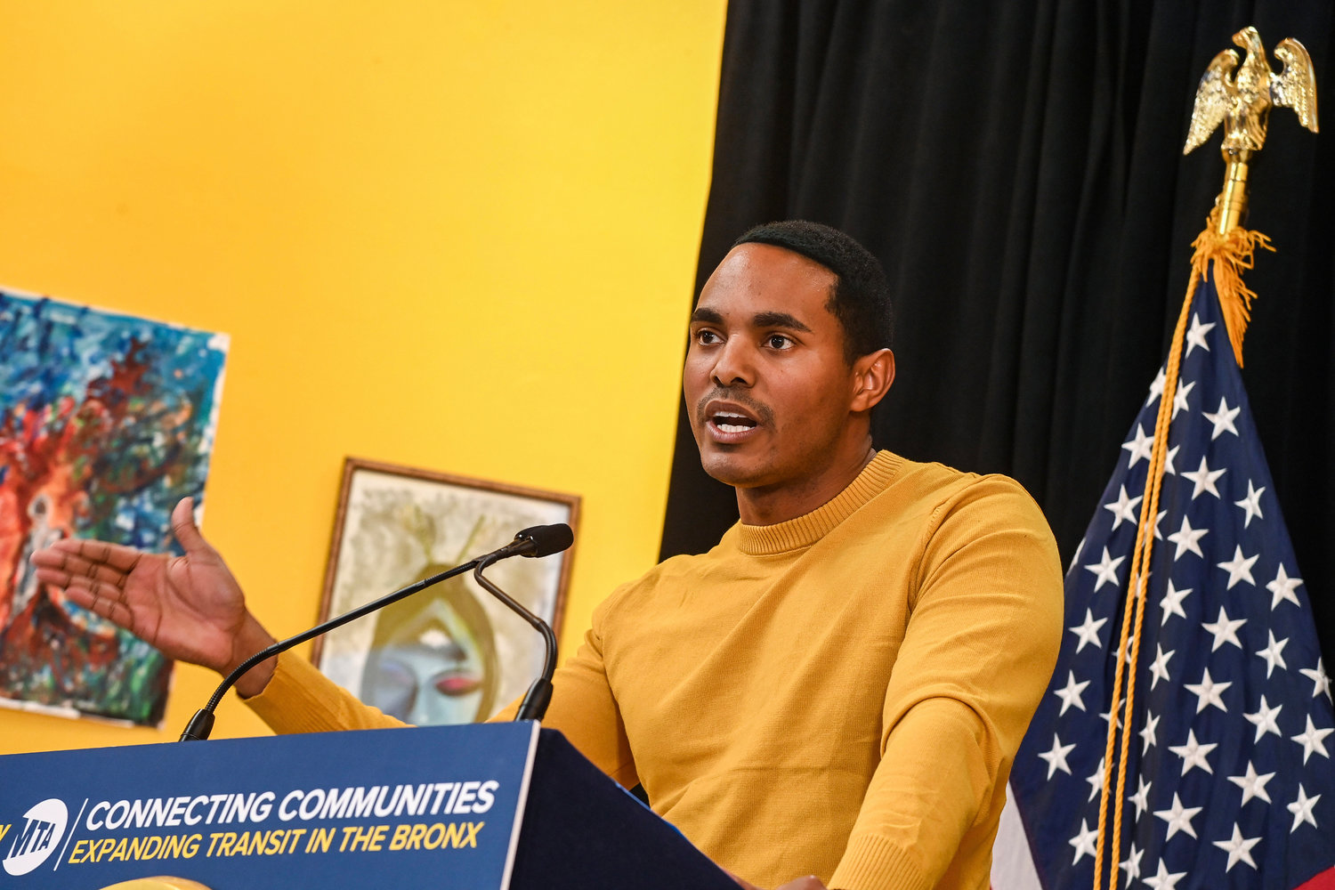 U.S. Rep. Ritchie Torres, shown at a press conference for the MTA projects in the Bronx last year, has taken a hard stance against fellow incoming Long Island Rep.-elect George Santos, who has been accused of lying on his resume during his successful campaign.
