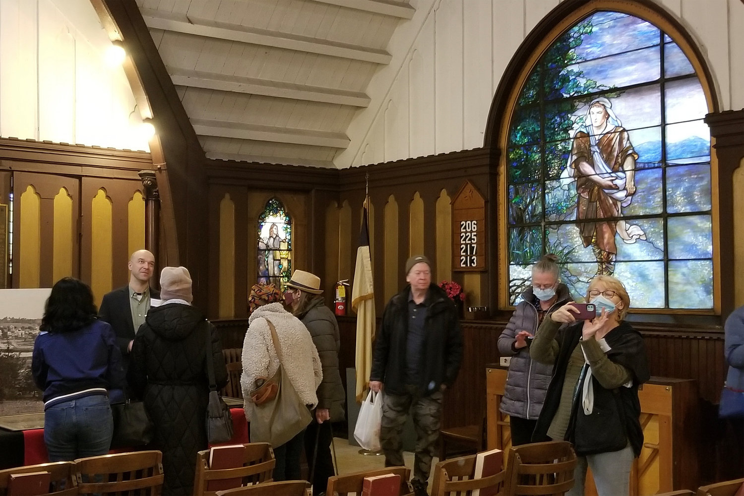 Members of the public glimpsed at some of the treasures inside Edgehill Church, including four Tiffany stained-glass windows and a 1939 pipe organ built by William Laws of Beverly, Massachusetts, at a “sneak peak” hosted by the Kingsbridge Historical Society on Sunday.