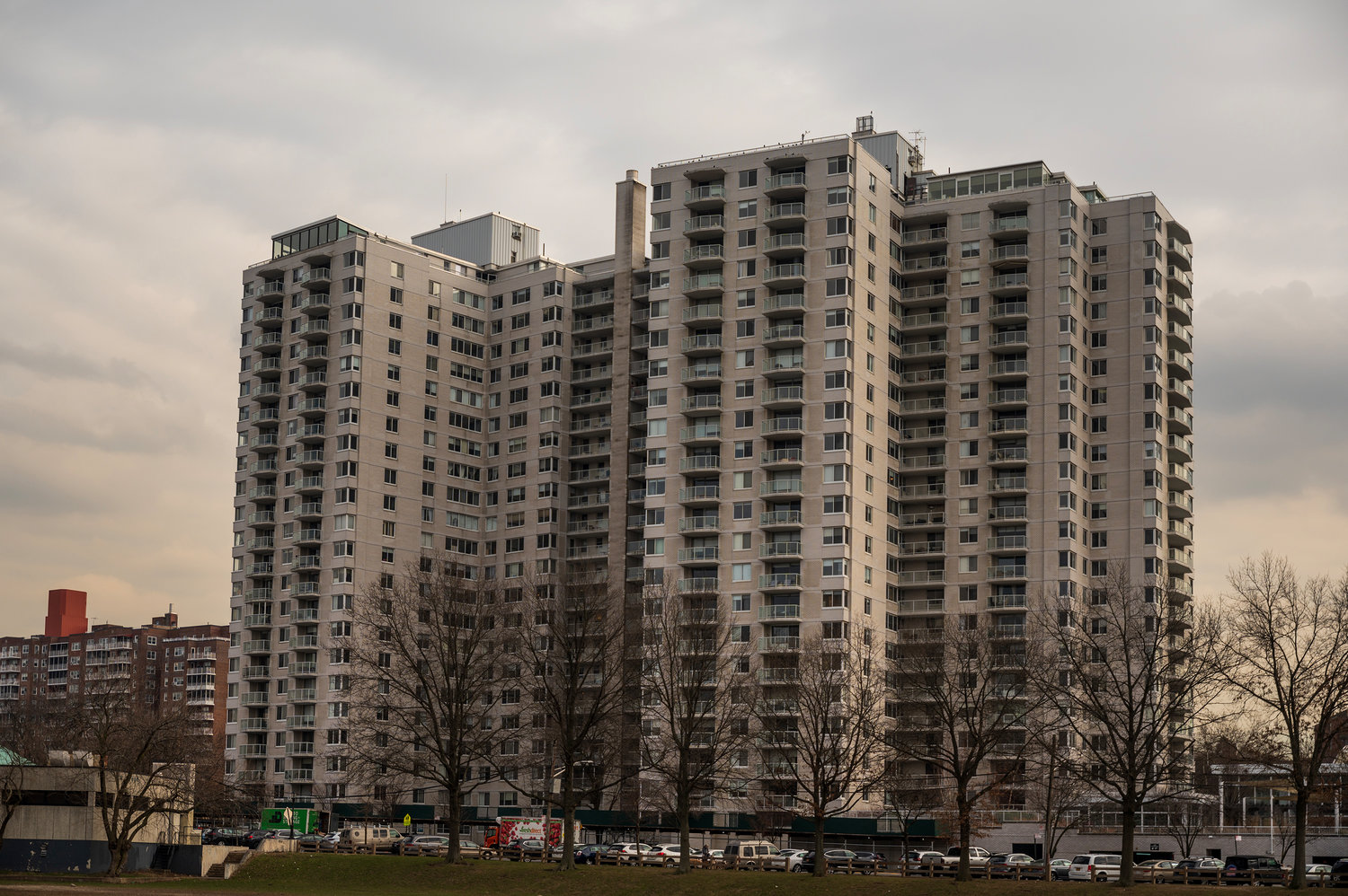 Balconies on the west side of The Whitehall, located at 3333 Henry Hudson Parkway, peer across Seton Park and the Hudson River and beyond on Jan. 30.