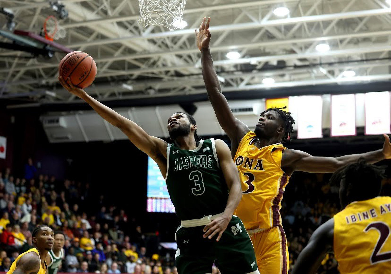 Manhattan’s Ant Nelson drives to the hoop against Iona in a game the Jaspers lost 71-60. The defeat sealed the series sweep for Iona, and the first in the rivalry since the 2017-18 season when Iona won all three matchups.