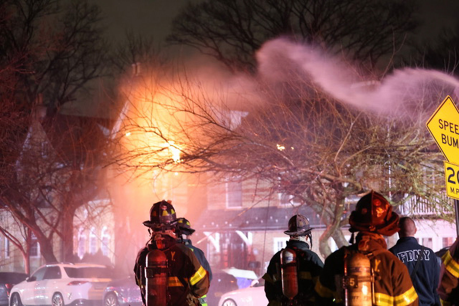 Firefighters work to put out an electrical fire Monday night, Feb. 20 on Fieldston Road. Two homes were evacuated, and 142 ConEd customers lost power before firefighters got the blaze under control at 11:12 p.m.