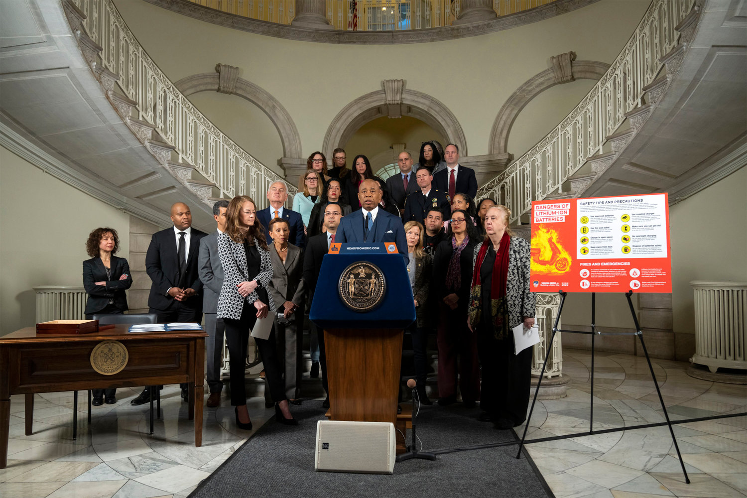 Mayor Eric Adams today announces “Charge Safe, Ride Safe: New York City’s Electric Micromobility Action Plan” to protect New Yorkers from fires caused by lithium-ion batteries and promote safe electric micromobility usage. Mayor Adams also signs five bills into law to further regulate lithium-ion batteries sold in New York City and strengthen fire safety related to battery fires. City Hall. Monday, March 20, 2023.