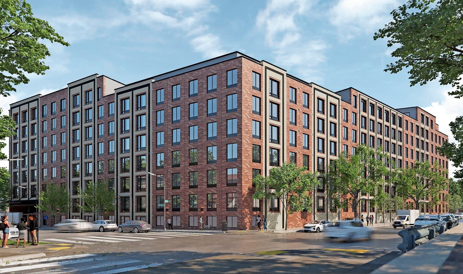 Tishman Speyer’s newest rendering of 160 Van Cortlandt Park S. shows the 8-story building from the corner of West 239th Street and Putnam Avenue.