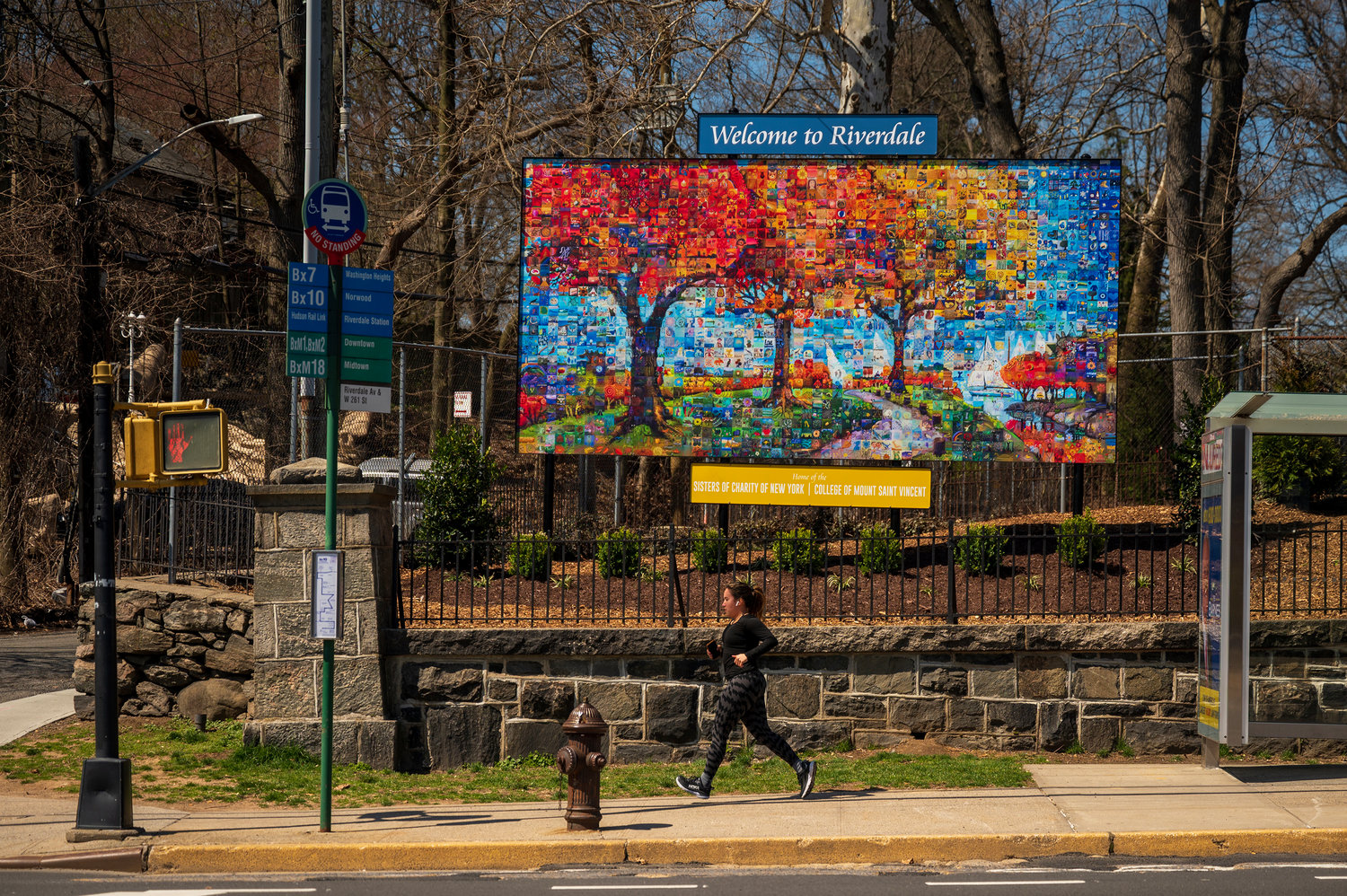 A new 10-foot high mosaic mural made of about 2,000 tiles faces Riverdale Avenue from the campus of the College of Mount Saint Vincent. It is a collaboration of the Riverdale Main Streets Alliance, the Sisters of Charity and the college. Each tile is painted with a face, object, animal or other things that depict the Northeast in the fall.