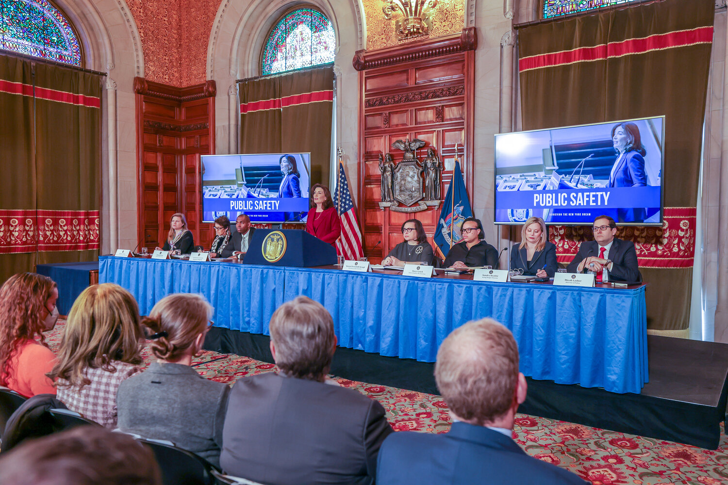 Gov. Kathy Hochul presents her fiscal year 2024 executive budget proposal in the RedRoom at the State Capitol earlier this year. There is a movement to pressure the governor into including emergency rental assistance in the budget.