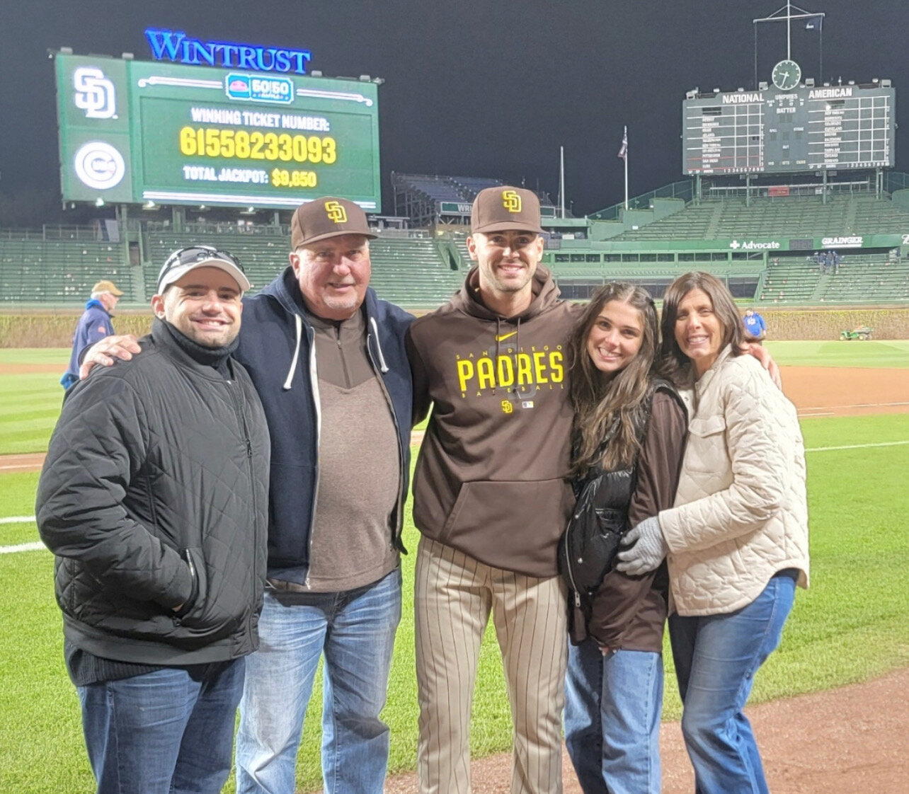 The entire Cosgrove family and agent Matt Gaeta join new Major Leaguer Tom Cosgrove at Wrigley Field in Chicago before the San Diego Padres played the Cubs last Tuesday. From left, Gaeta, Cosgrove’s father Tom Cosgrove Sr., Tom Cosgrove, sister Colette Cosgrove, and mother Caryn Cosgrove.