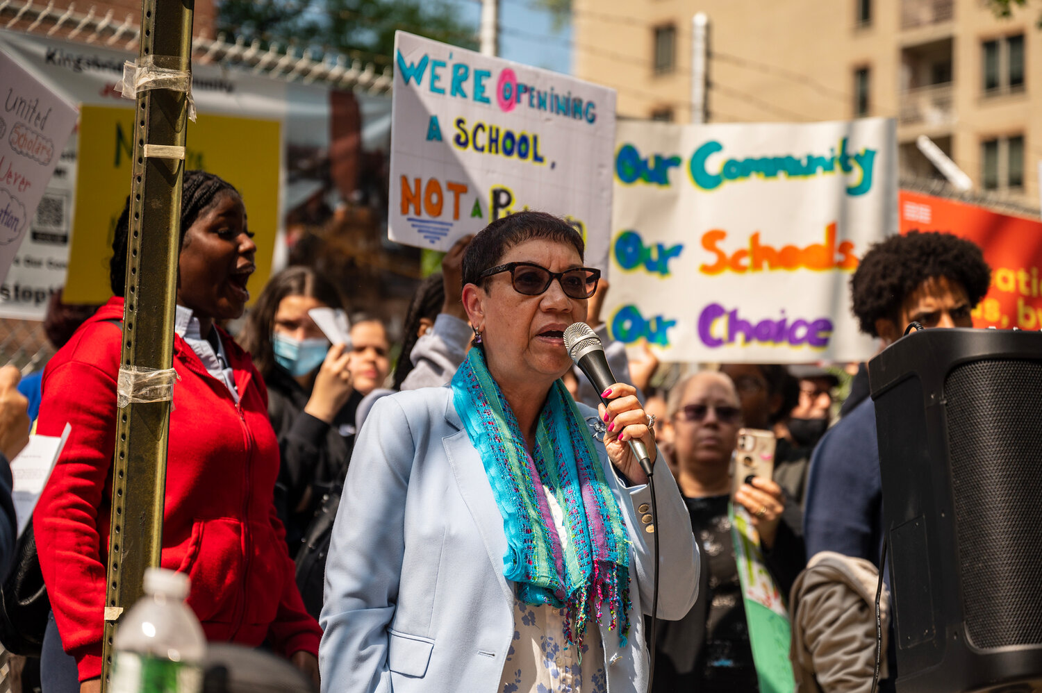 Elaine Ruiz-Lopez, International Leadership Charter High School chief executive and founder, speaks at Wednesday’s rally.