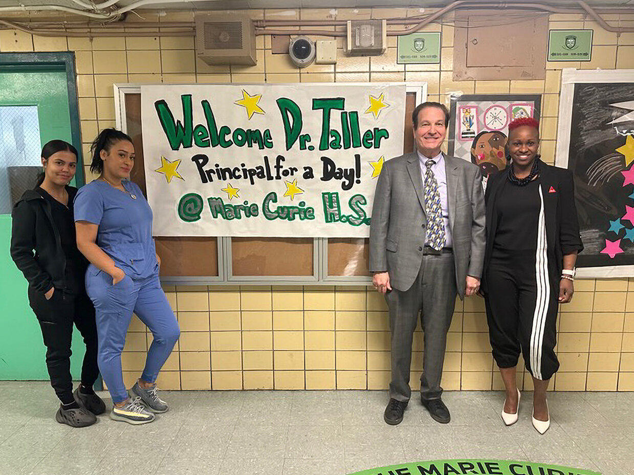Dr. Samuel Taller, a Riverdale dentist, served as a “principal for a day” at Marie Curie High School on May 9. The longtime dentist, who was a former student at MS 141 and Bronx High School of Science, met with students and staff to discuss various dentistry jobs, such as dentist, hygienist, technician and dental assistant.