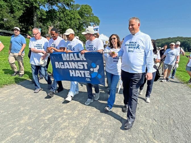 Mayor Eric Adams, U.S. Rep. Ritchie Torres and other electeds, including Assemblyman Jeffrey Dinowitz, joined ADL members and residents in the Walk Against Hate Sunday, Aug. 20. Around 200 people participated.