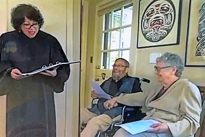 U.S. Supreme Court Justice Sonia Sotomayor leads the vow renewal between Bill Schleicher and Ellen Chapnick in the dining room of their Ploughman’s Bush home last May. Bill was 80 when he died Aug. 20 at home, with Ellen by his side.